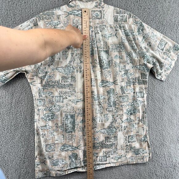 VTG Hook & Tackle Men's Medium Fish Pattern Button Camp Shirt Tan Green Fishing - Picture 11 of 13